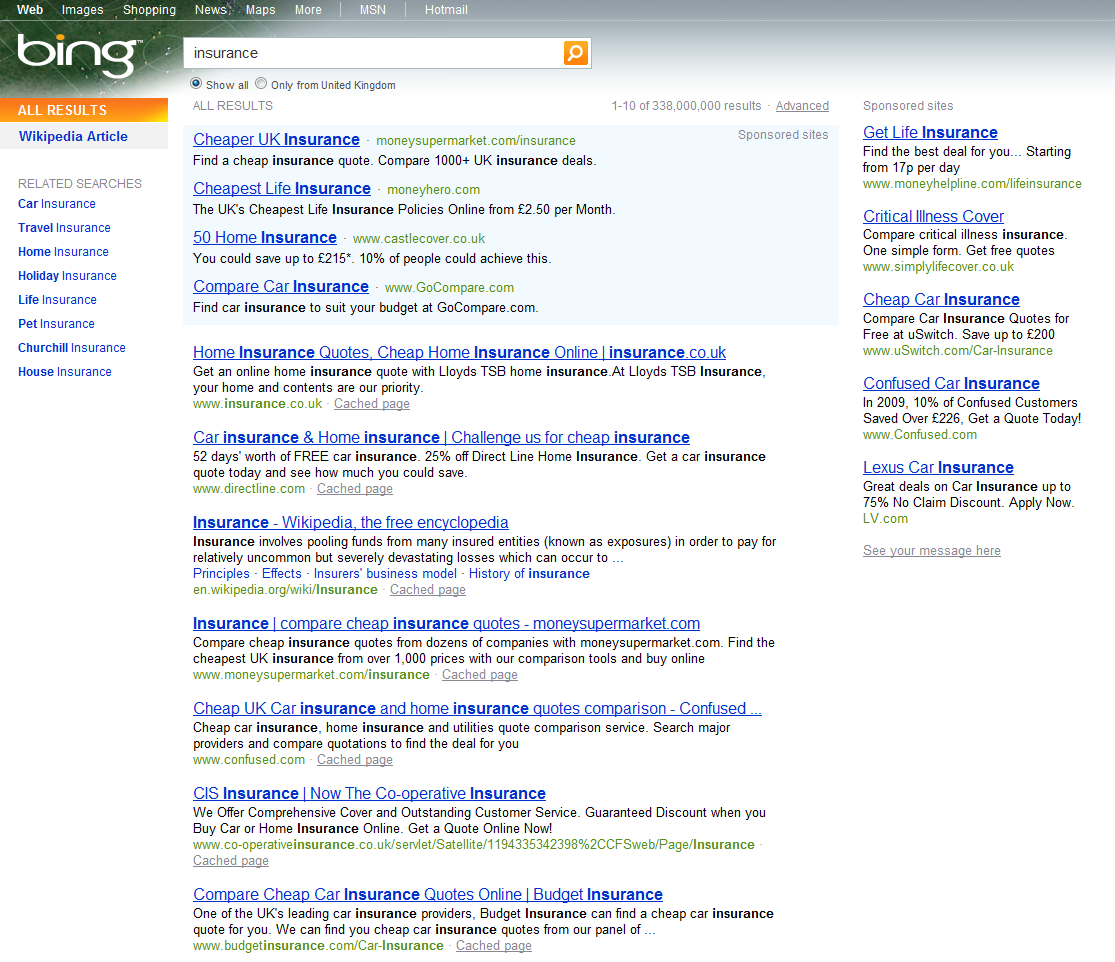 Bing SERPs insurance New Green Ad Background