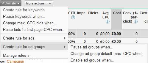 Google AdWords Bid Automation Menu